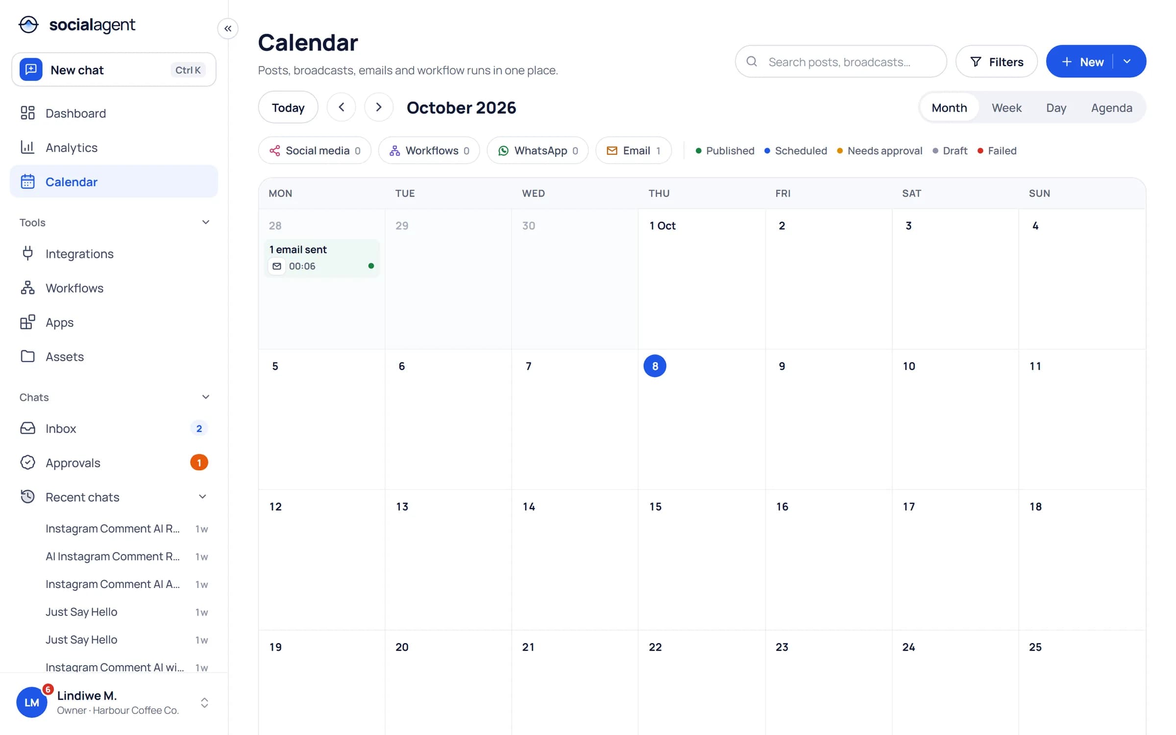 Calendar with social posts, workflow runs, WhatsApp broadcasts and emails in one month view