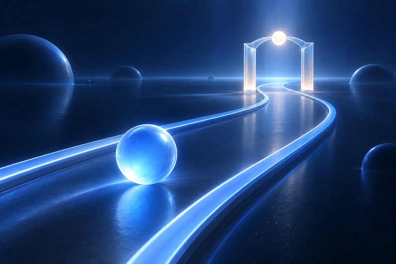 Abstract blue light waves contained between smooth parallel curves on a dark background