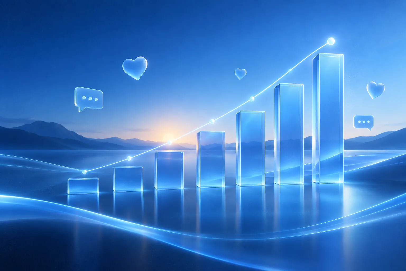 Abstract blue light waves rising and falling like a smooth data curve on a dark background