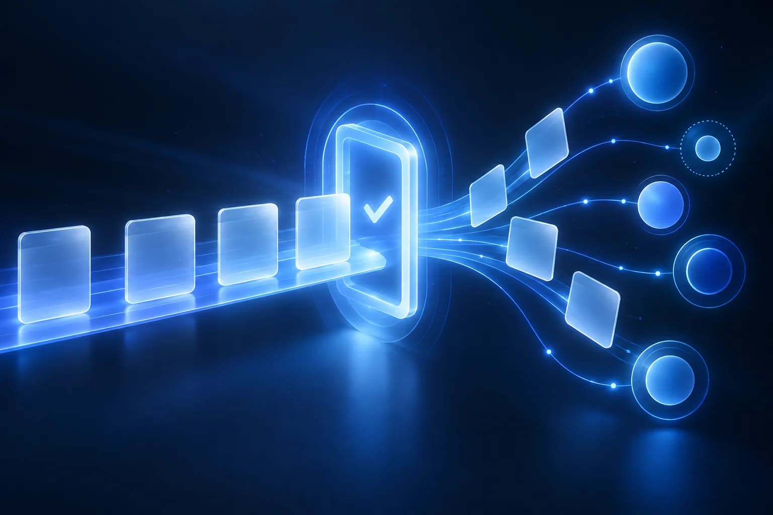 Abstract blue light waves flowing across a dark background in layered ribbons
