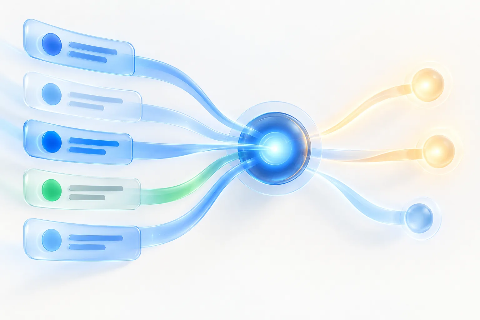 Abstract conversation lanes flowing into one glowing hub, with some handed on to a warm light