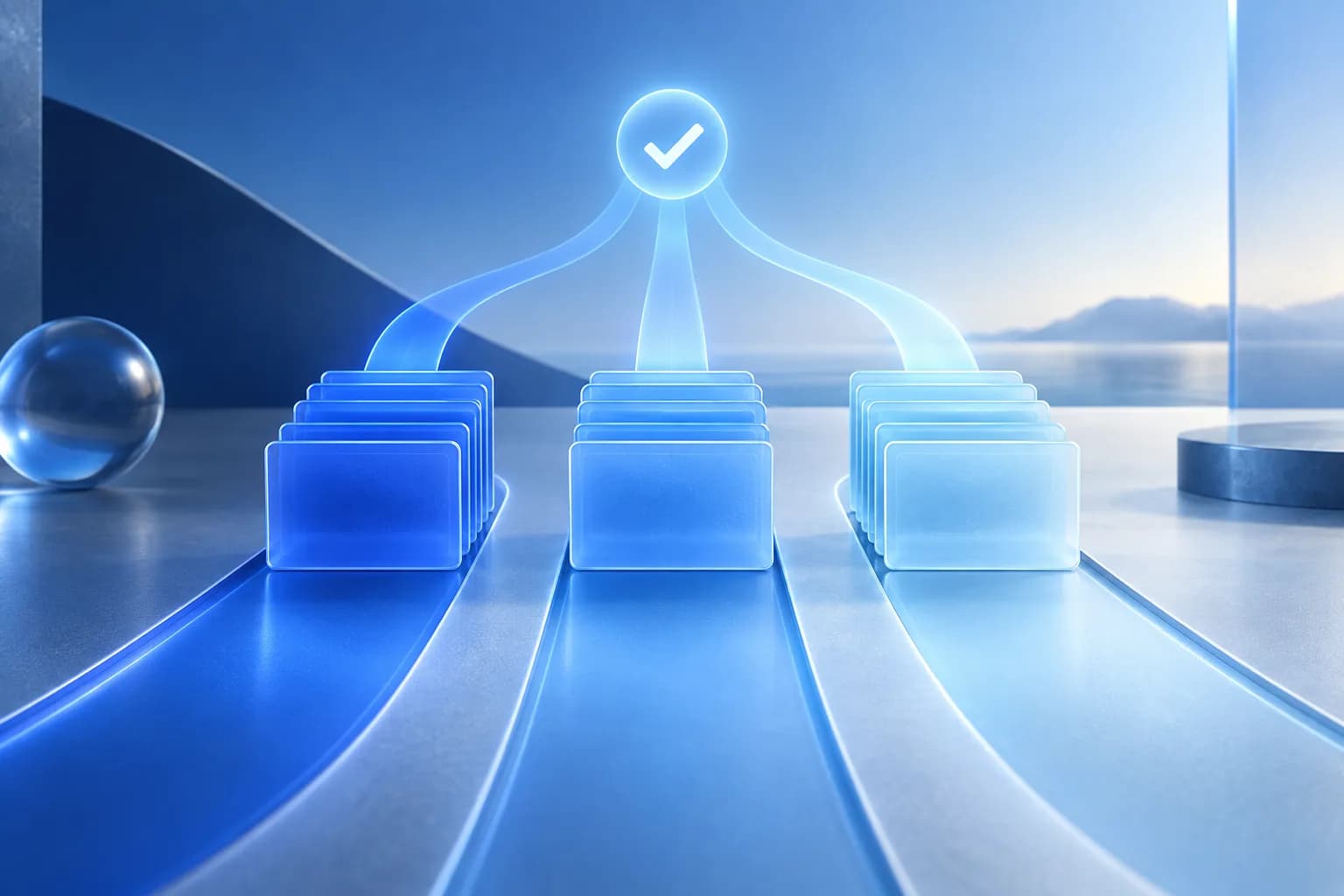 Abstract layered blue light waves forming soft parallel bands