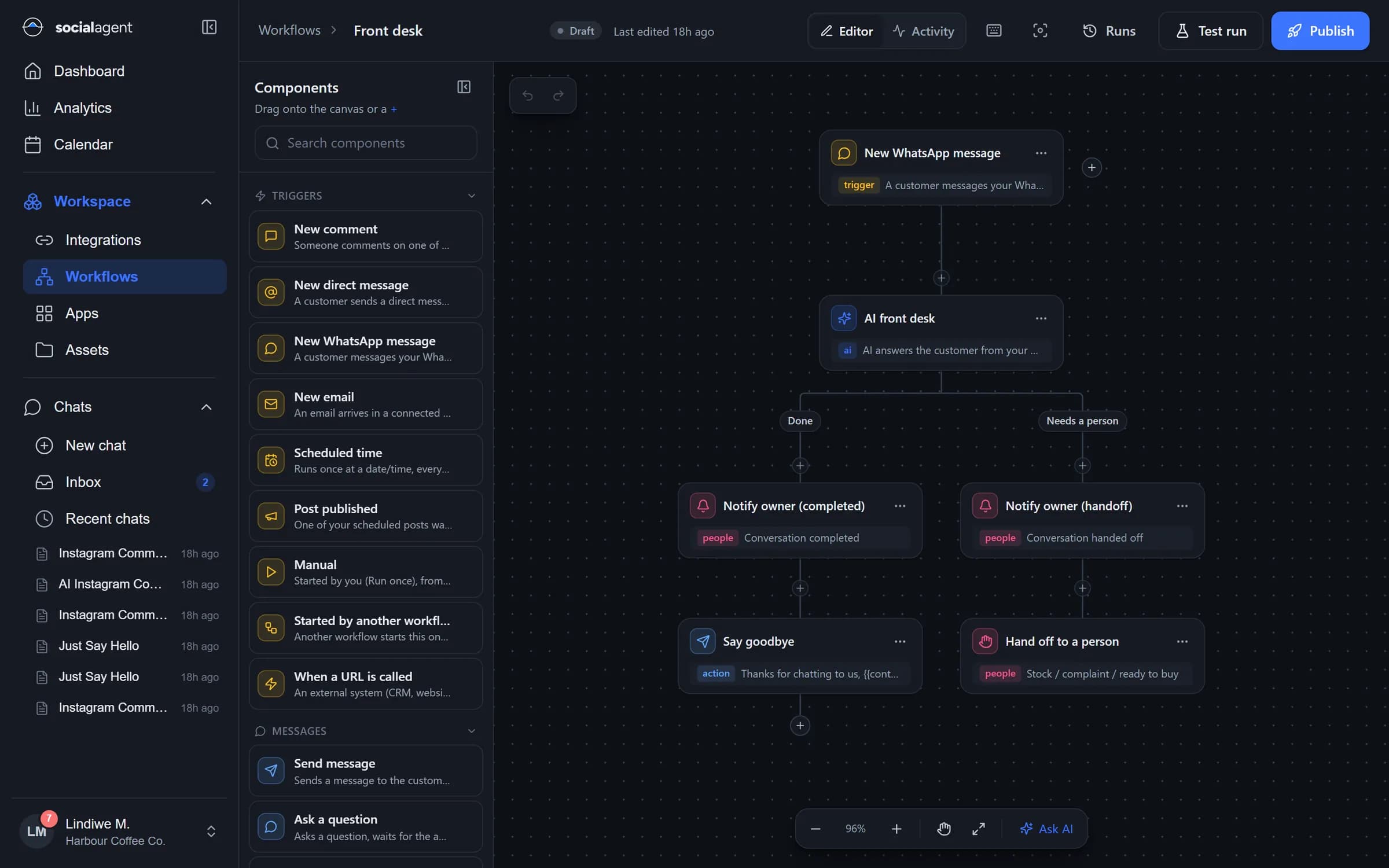 Workflow builder canvas: a WhatsApp message trigger, an AI front desk step and two branches for completed and handed-off conversations
