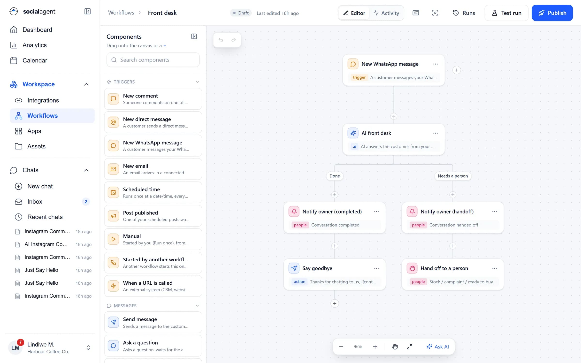 Workflow builder canvas: a WhatsApp message trigger, an AI front desk step and two branches for completed and handed-off conversations