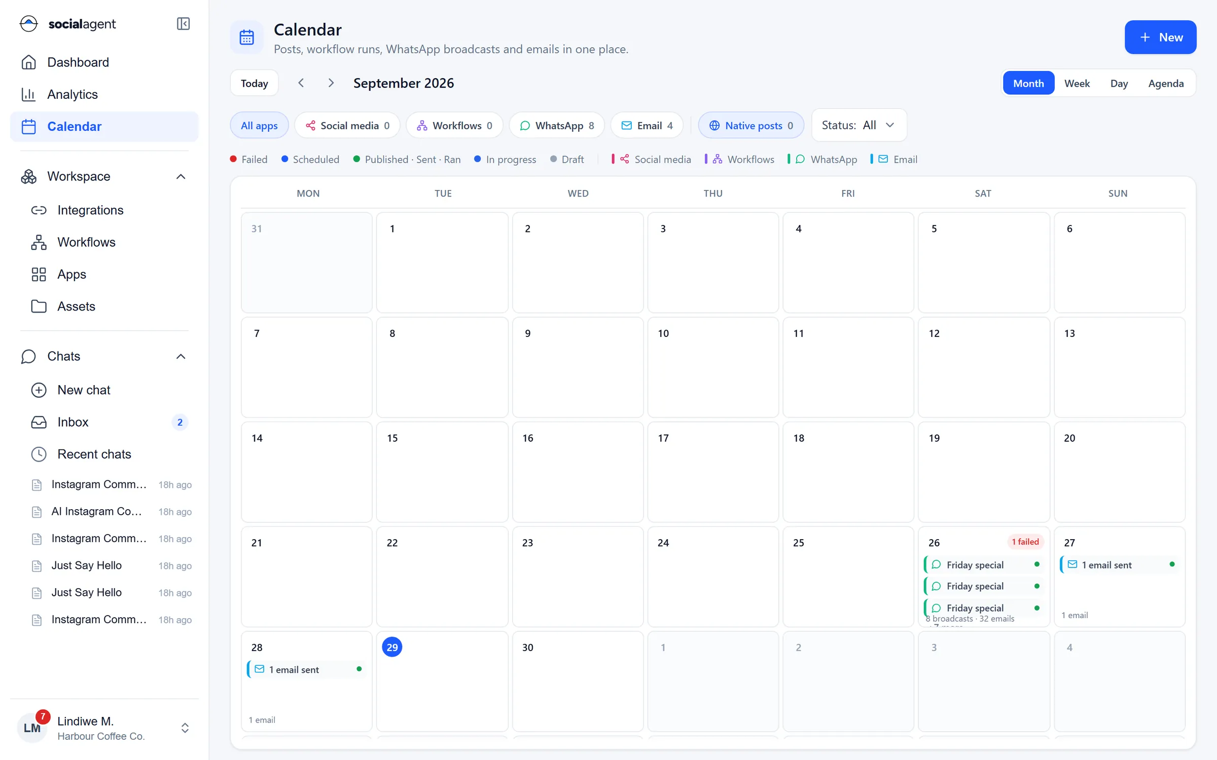 Calendar with social posts, workflow runs, WhatsApp broadcasts and emails in one month view