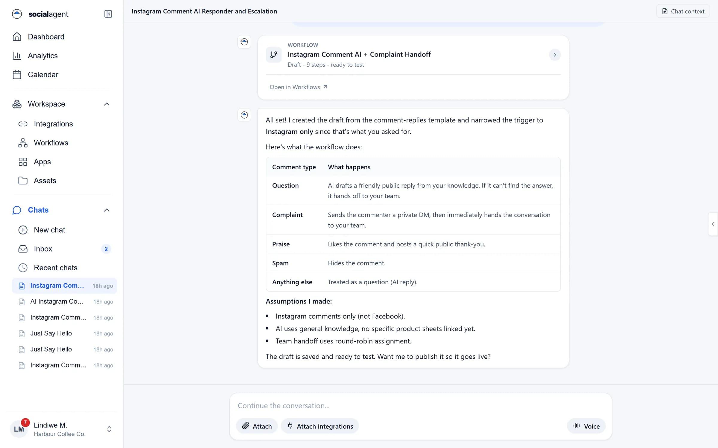 Chat with the AI agent: it drafted an Instagram comment workflow and explains what each branch does before publishing