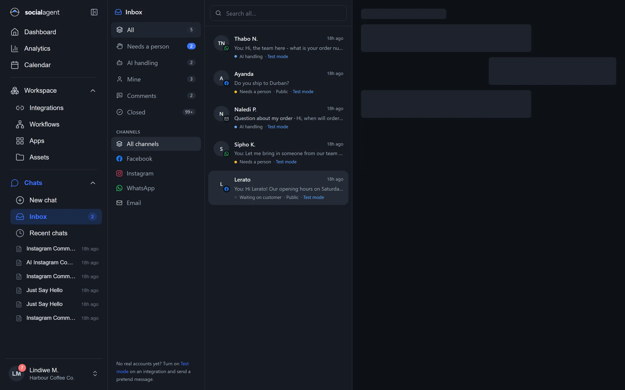 Unified inbox with WhatsApp, Facebook and email conversations, AI handling status and a reply composer