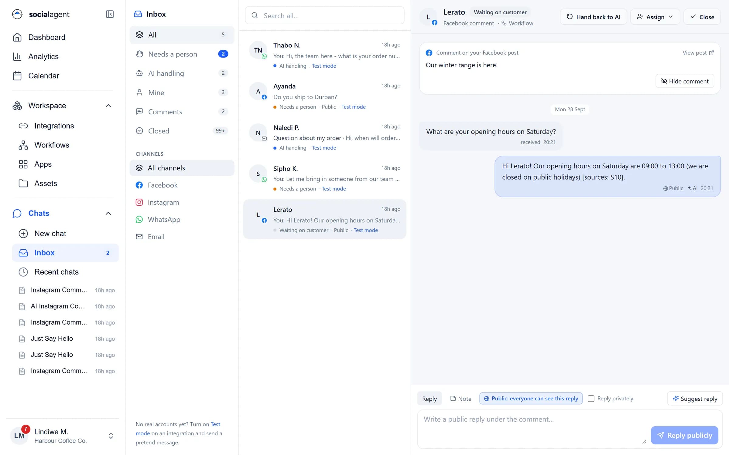 Unified inbox with WhatsApp, Facebook and email conversations, AI handling status and a reply composer
