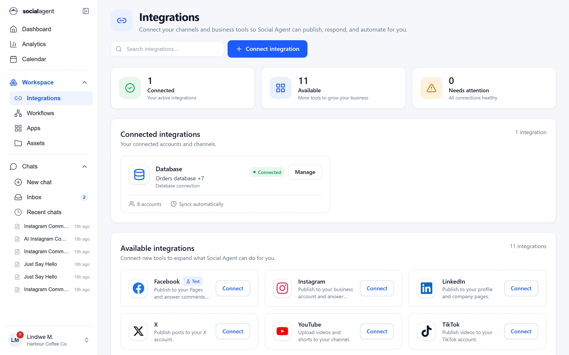 Integrations page with a connected database and available social, email and messaging connectors