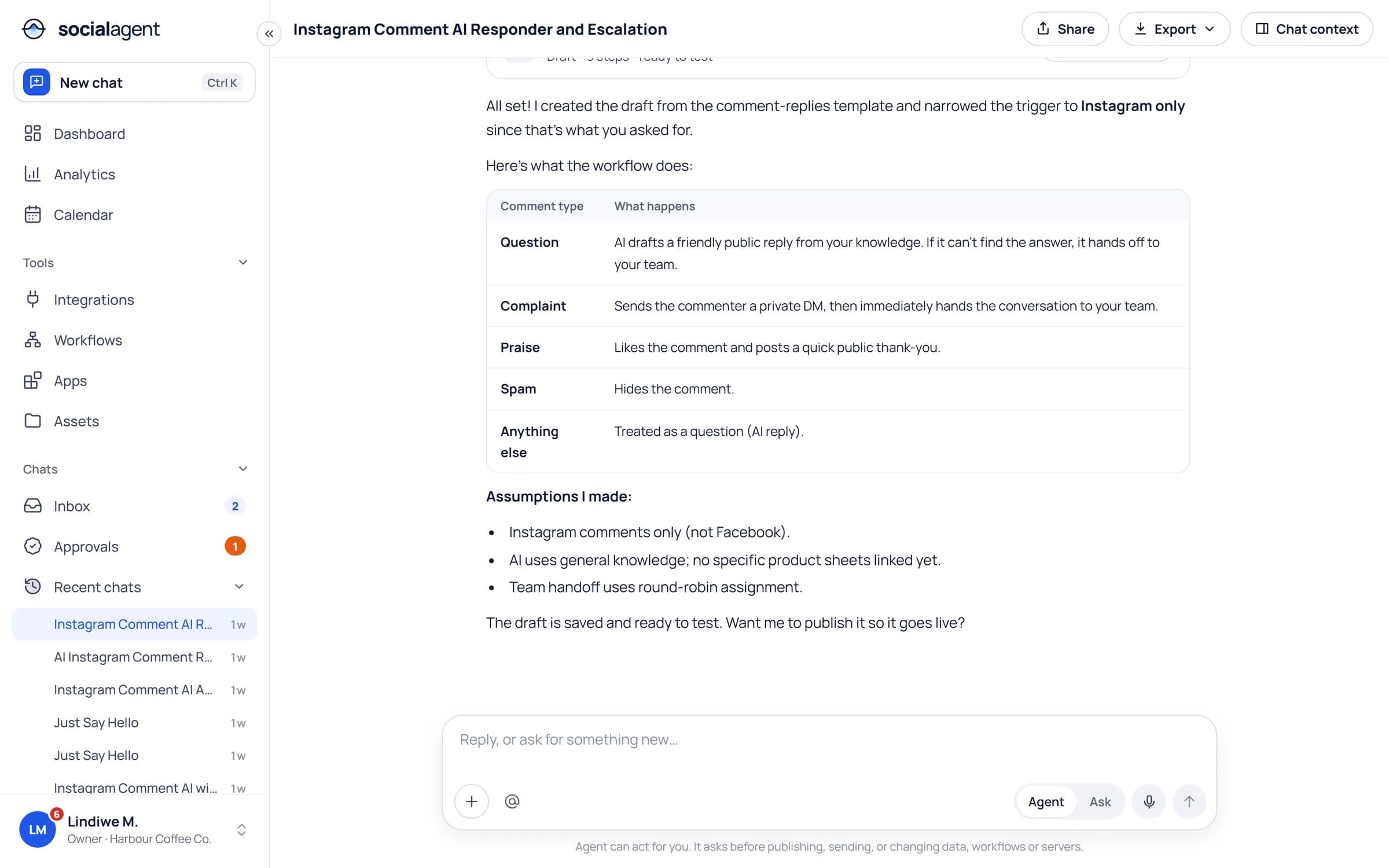 Chat with the AI agent: it drafted an Instagram comment workflow and explains what each branch does before publishing
