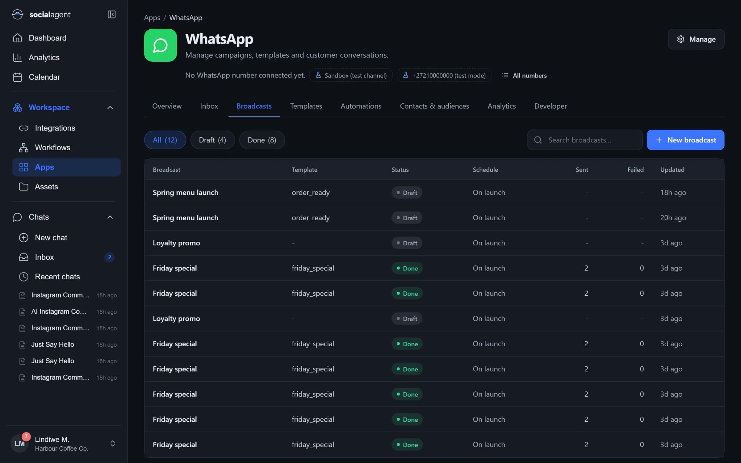 WhatsApp broadcasts list with template, status, schedule and delivery counts