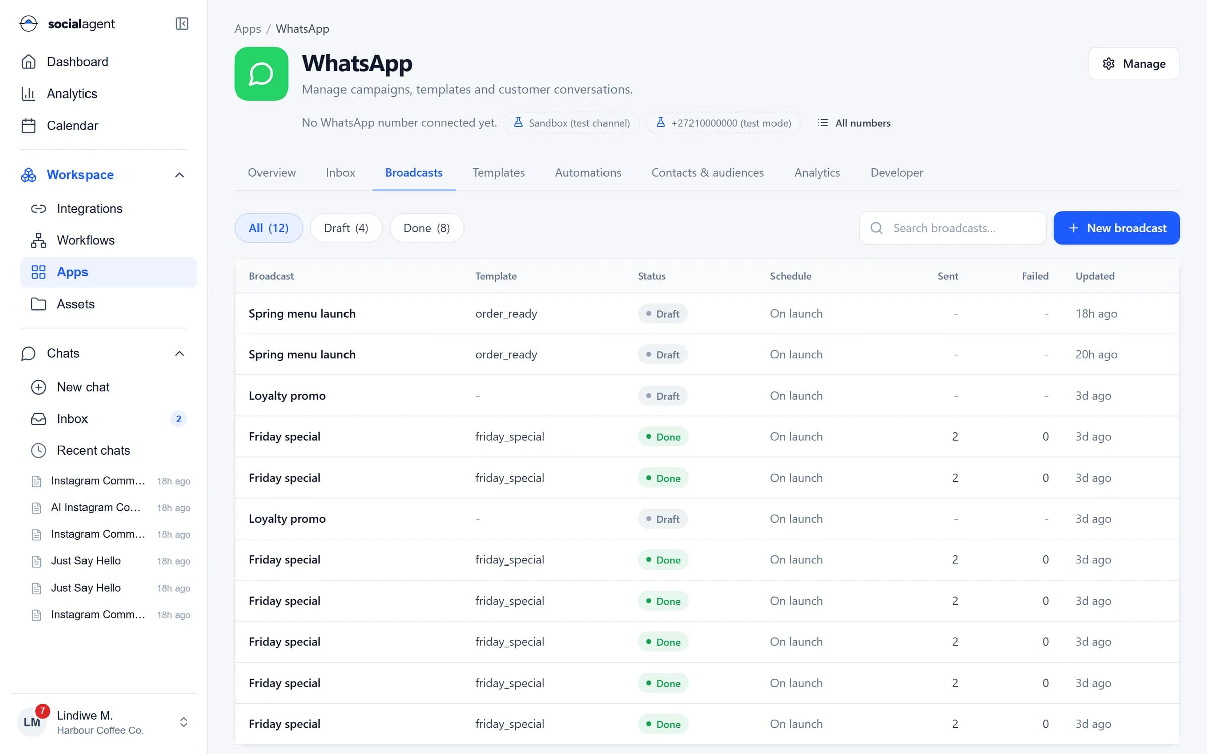 WhatsApp broadcasts list with template, status, schedule and delivery counts