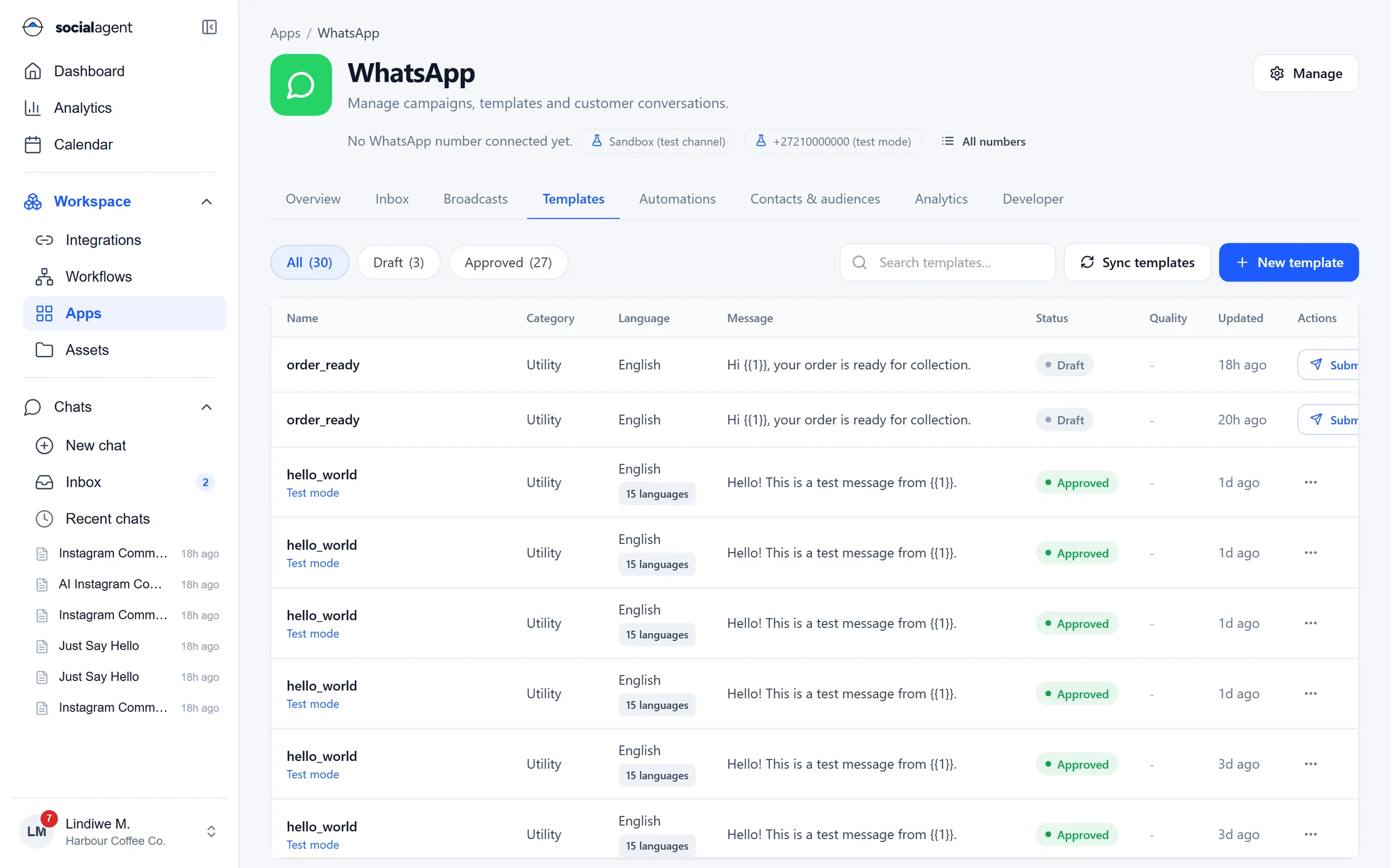 WhatsApp message templates with category, language, approval status and quality
