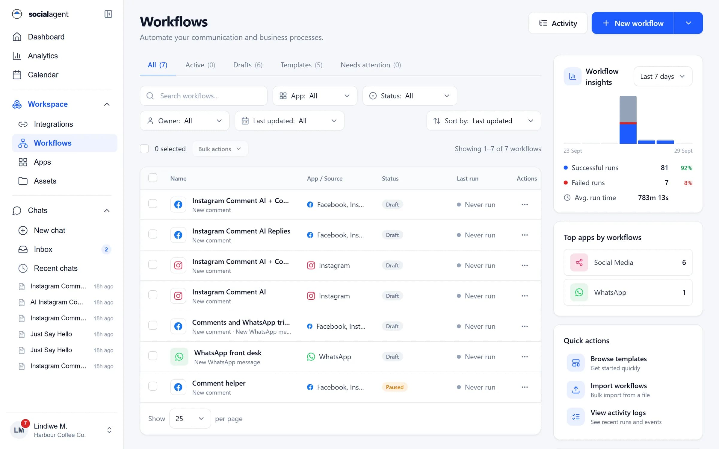 Workflows list with apps, status, last run and insights on successful and failed runs